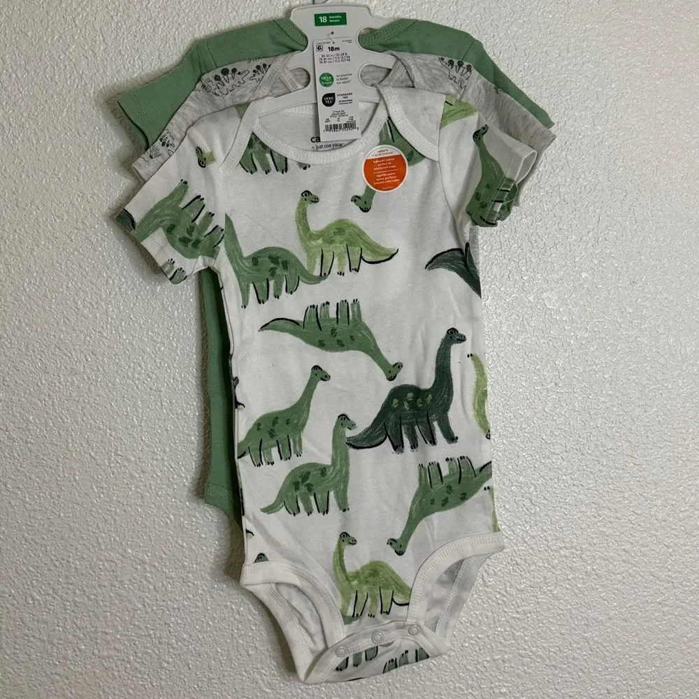 Carter's Green and White dinosaur print Baby Bodysuits- set of 3- Size 18months